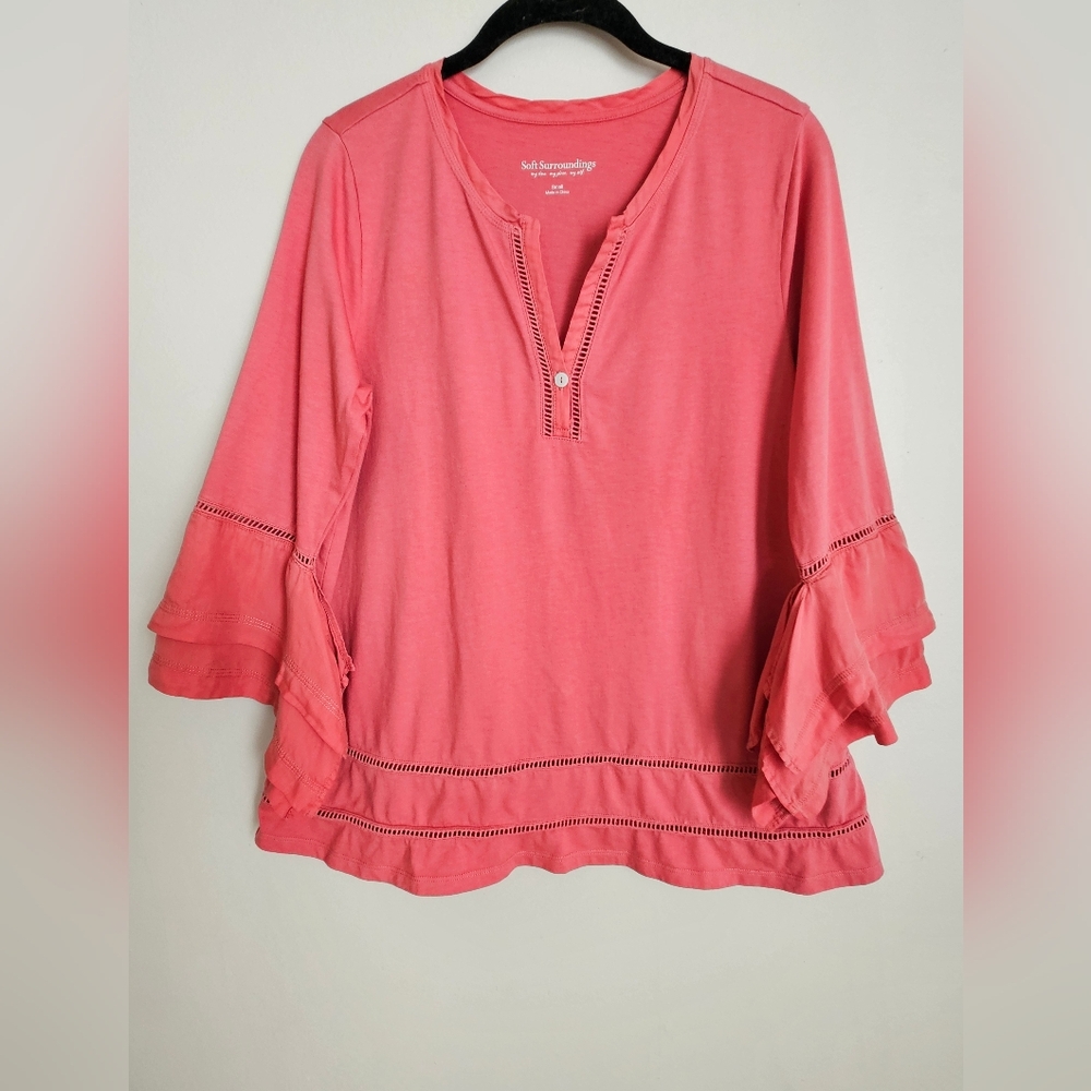 Soft Surroundings S Top Coral Cutwork Layered Draped Cuffs Boho Prairie